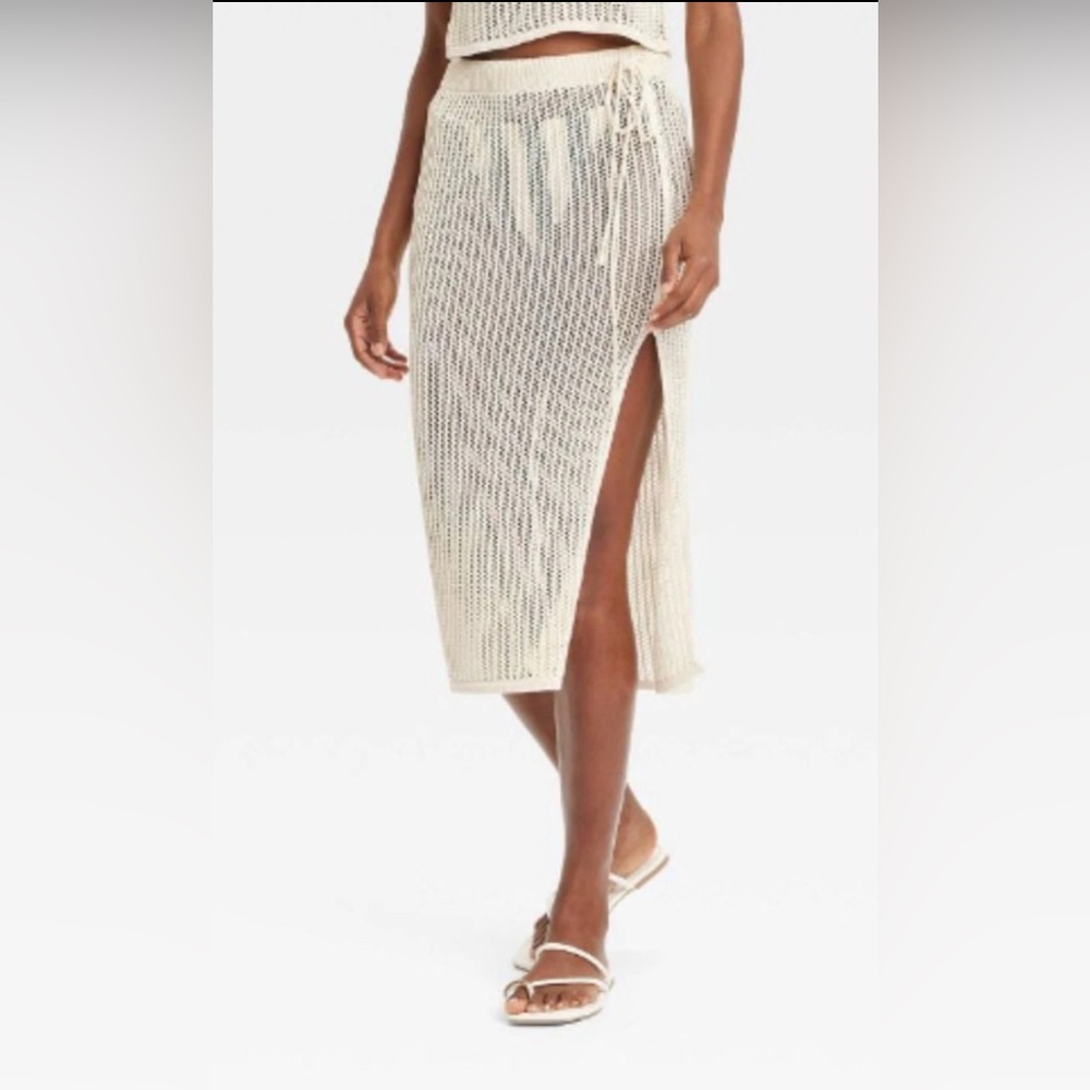 A New Day Women's Beach Bungalow Open Knit Midi Skirt Cream